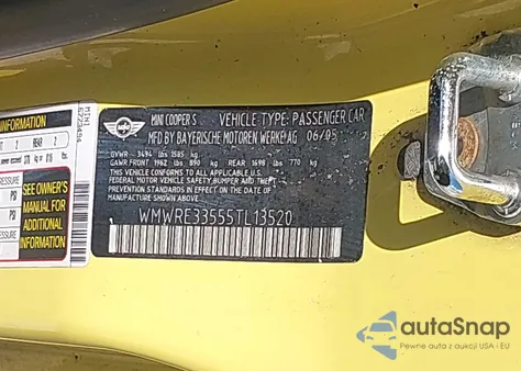 2005 Mini Cooper S из США, поврежденный, VIN WMWRE33555TL13520